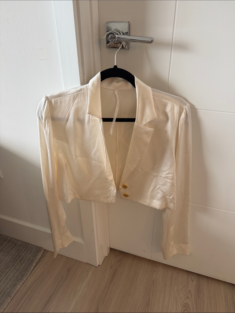 Are you am I Cropped Ivory Satin Blazer with Gold Buttons